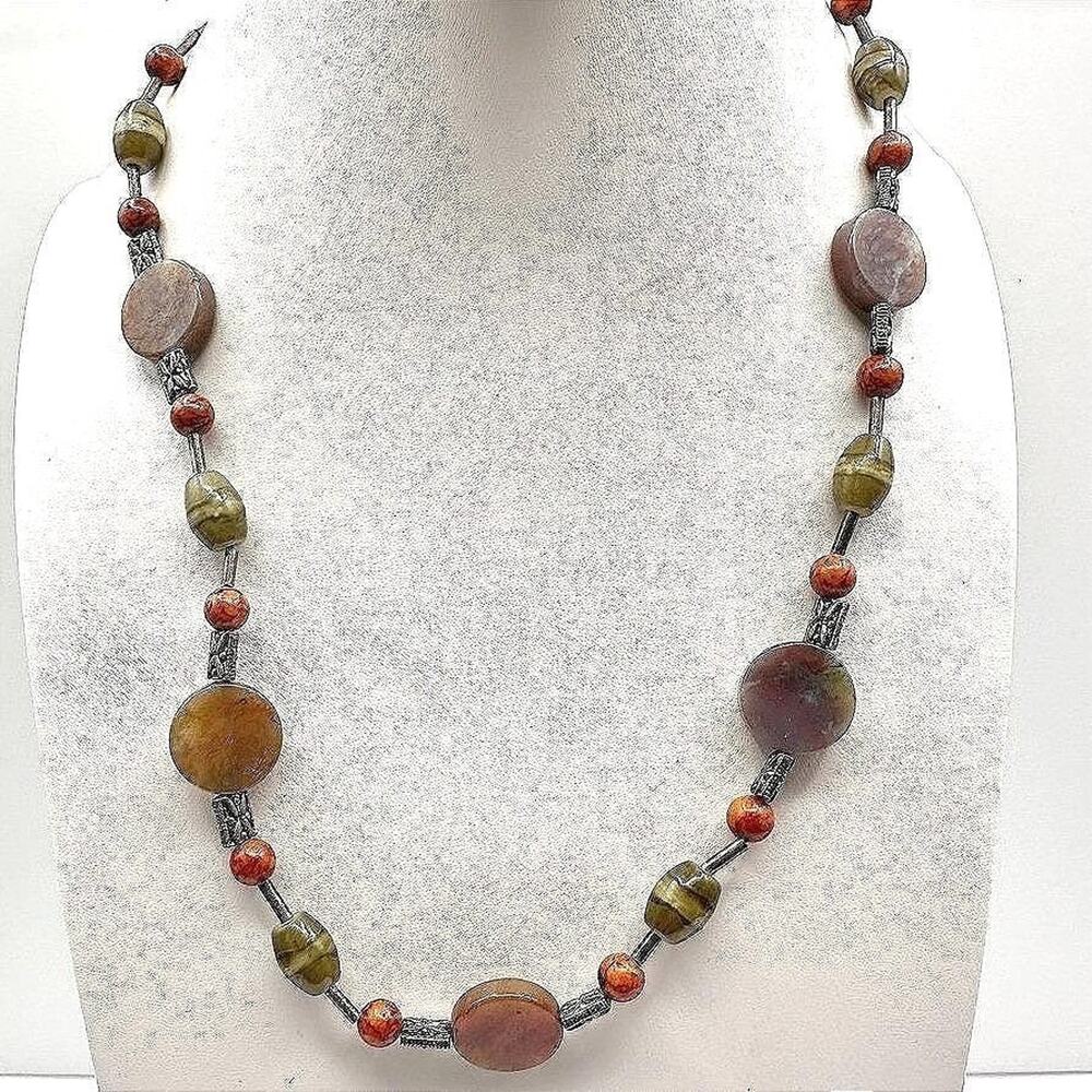 Vintage 90s Earth Tone Mixed Stones Beaded Silver Tone Necklace Women's Jewelry